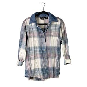Lemon Grass Vintage Y2K 90’s Plaid Denim Flannel Button Down Blouse Top Large
